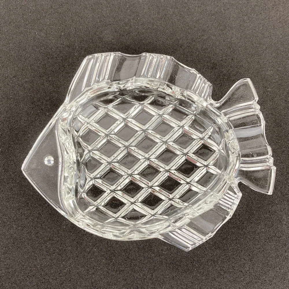 VTG Czechoslovakian Cubist Clear Glass Fish Ashtray Petite Set of 4, 4”
